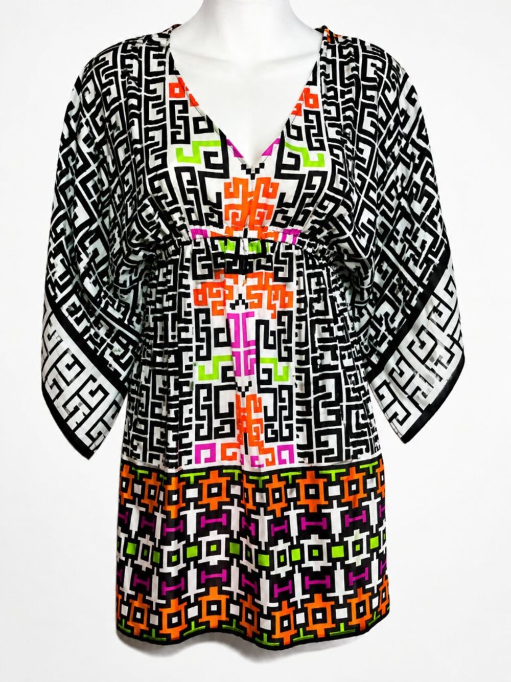 Alice + Trixie 100% Silk Kimono Caftan Dress XS Geometric Tribal Print Boho Reso